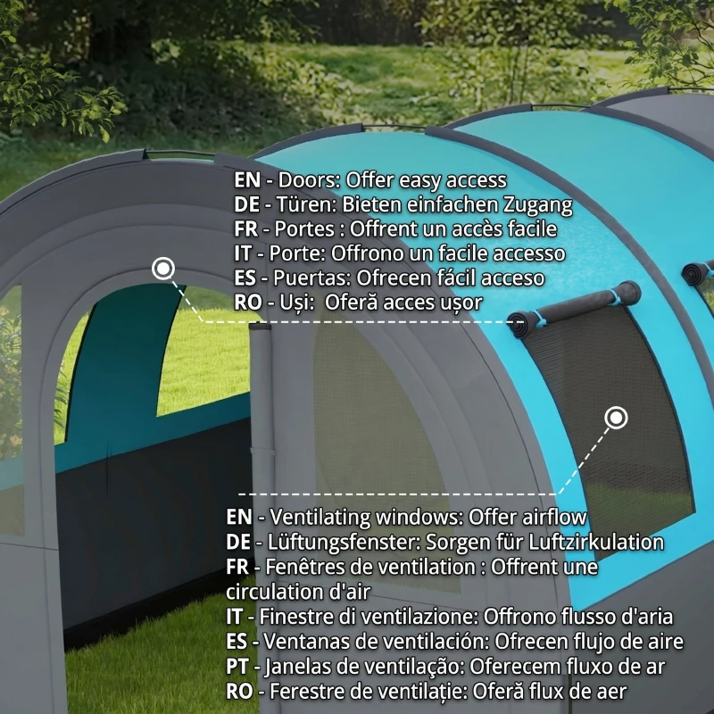Outsunny Cort de Camping pentru 3 Persoane, Impermeabil, cu Zonă de Dormit și Zonă de Zi, din Poliester, 480x260x200 cm, Gri și Albastru