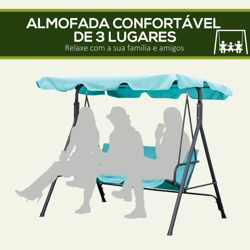 Outsunny Baloiço de Jardim de 3 Lugares com Teto Ajustável e Estrutura de Aço Suporta até 240 kg 172x110x153 cm Verde Azulado