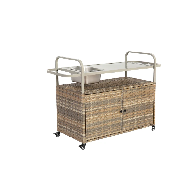 Bar roulant d'extérieur avec bac à glaçons, roulettes verrouillables, pour jardin, bord de piscine et arrière-cour, 131x50x91 cm, Beige
