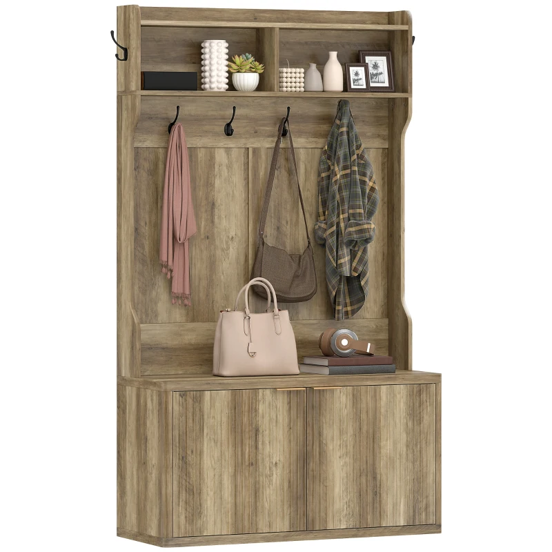 HOMCOM Perchero Zapatero 4 en 1 Perchero Moderno con Estante Abierto para Pasillo Entrada Dormitorio 100x38x172 cm Roble