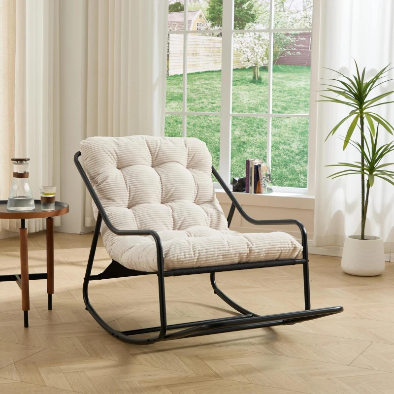 Fauteuil à bascule d'extérieur avec coussin de confort, pour salon, chambre, coin lecture, 75x116x82 cm, Blanc