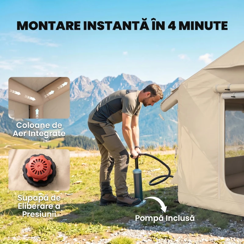 Outsunny Corturi Gonflabile Impermeabile pentru Glamping cu Orificiu pentru Sobă pentru 6-8 Persoane