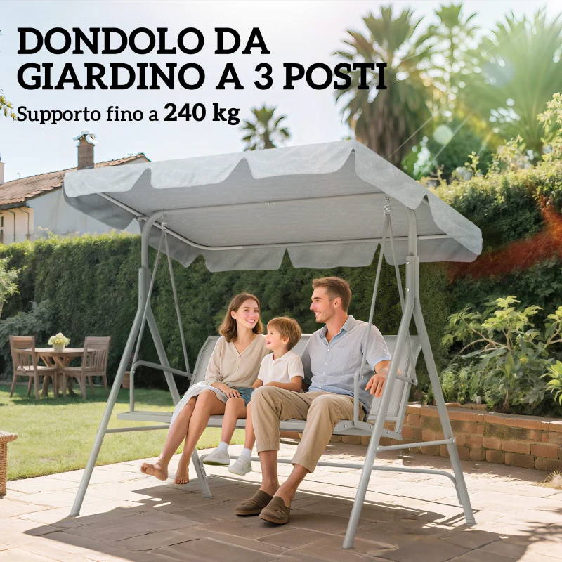 Outsunny Dondolo da Giardino 3 Posti con Tetto Parasole Rimovibile, 171x108x154 cm, Grigio Chiaro
