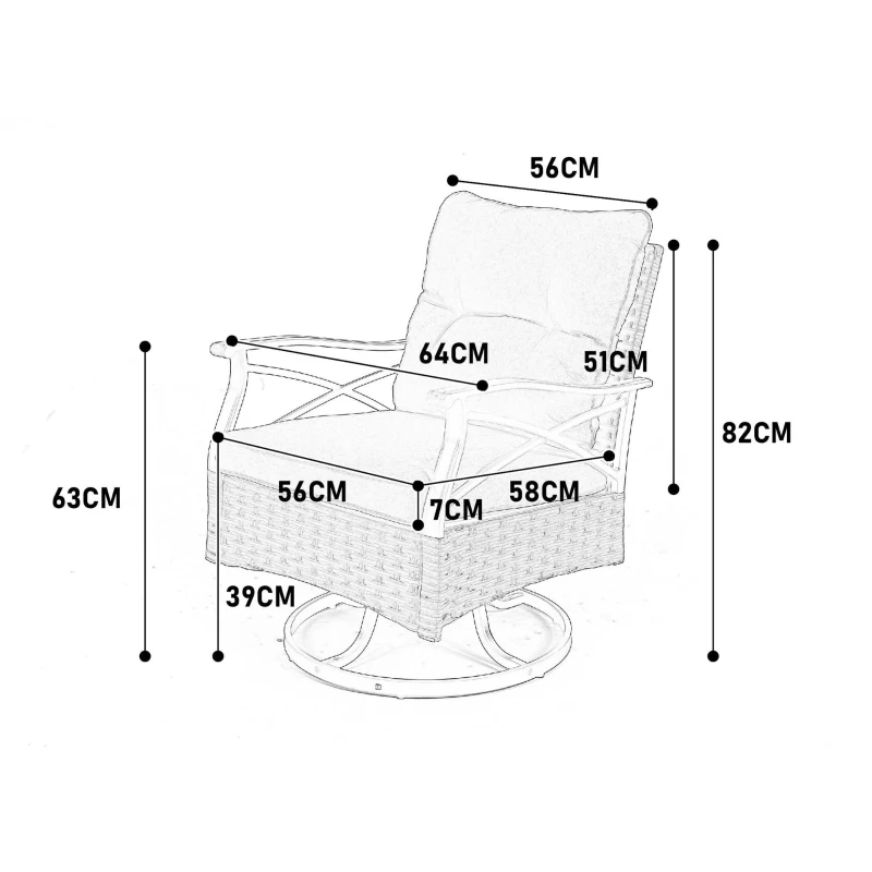 Ensemble de fauteuils à bascule pivotants d'extérieur, lot de 3 pièces avec 1 table et 2 fauteuils à bascule, rotation à 360° et fonction basculante, Marron+Gris