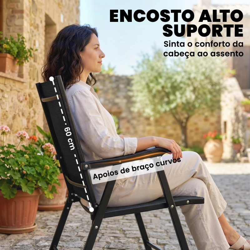 Outsunny Conjunto de 4 Cadeiras de Jardim para Exterior Dobráveis com Encosto Alto e Apoios de Braços para Terraço e Praia 58x62x97 cm Preto