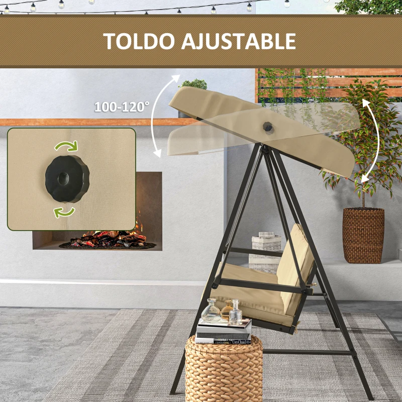Outsunny Balancín de Jardín de 3 Plazas Columpio Exterior Jardín con Toldo Ajustable Cojines Extraíbles 200x125x175 cm Beige