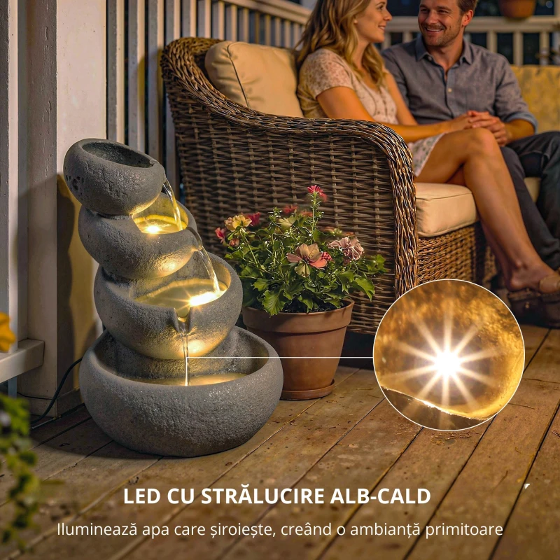 Outsunny Fântână de exterior din rășină, 4 niveluri, cu iluminare LED, aspect piatră 35 x 32 x 50 cm
