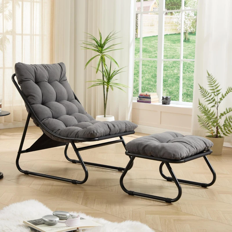 Fauteuil lounge d'extérieur avec pouf, coussin rembourré, tissu sling, structure en acier, Gris