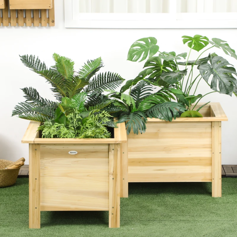 Outsunny Jardinera Elevada de Madera Macetero Exterior en Forma de L con Tela no Tejido Huerto Urbano 120x120x50 cm Natural