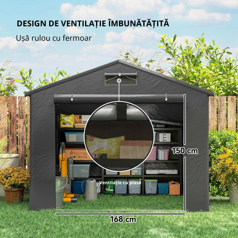 Outsunny Cort-garaj 2,5 x 1,8 m, rezistent la apă, cort-garaj cu ușă cu fermoar rulabil, ferestre de ventilație, gri închis