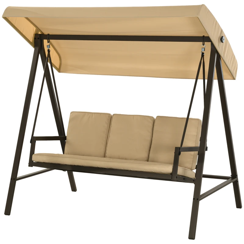 Outsunny Balancín de Jardín de 3 Plazas Columpio Exterior Jardín con Toldo Ajustable Cojines Extraíbles 200x125x175 cm Beige