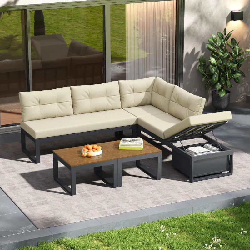 Ensemble de meubles de jardin avec dossiers réglables et fonction relax, rangement dissimulé, pour terrasse, balcon et jardin, Beige