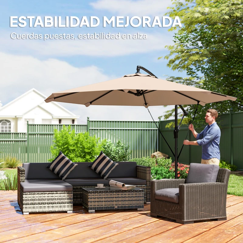 Outsunny Parasol Excéntrico Ø300 cm con Base Cruzada Manivela Funda Protectora y Cuerdas de Viento UPF30+ Caqui