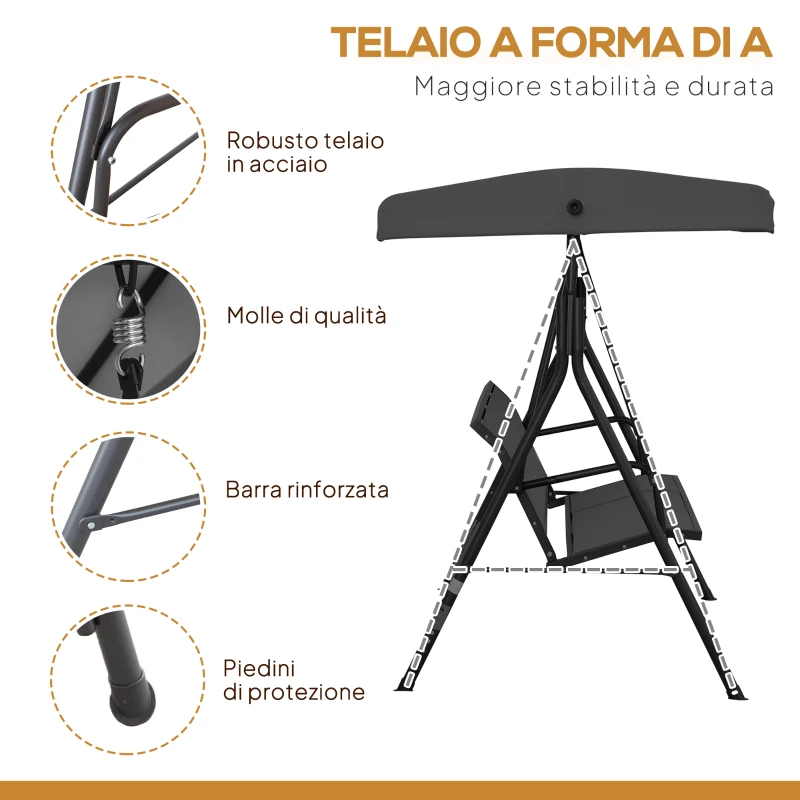 Outsunny Dondolo da Giardino a 3 Posti con Tettuccio, Seduta Traspirante e Telaio in Acciaio, Nero