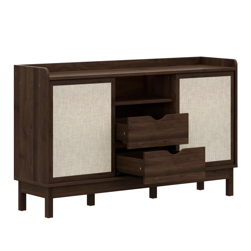 Buffet bas avec portes coulissantes et tiroirs, effet color-block, tablettes réglables, 150x39,5x80 cm, Couleur naturelle
