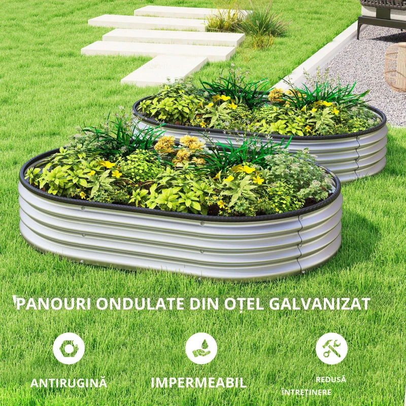 Outsunny Paturi înălțate metalice Set de 2 135 x 90 x 30 cm Paturi ovale cu bandă de cauciuc