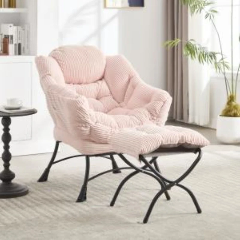 Fauteuil lounge avec pouf, accoudoirs et une poche latérale, revêtement en flanelle, 69,9x64,0x95,0 cm, Rose