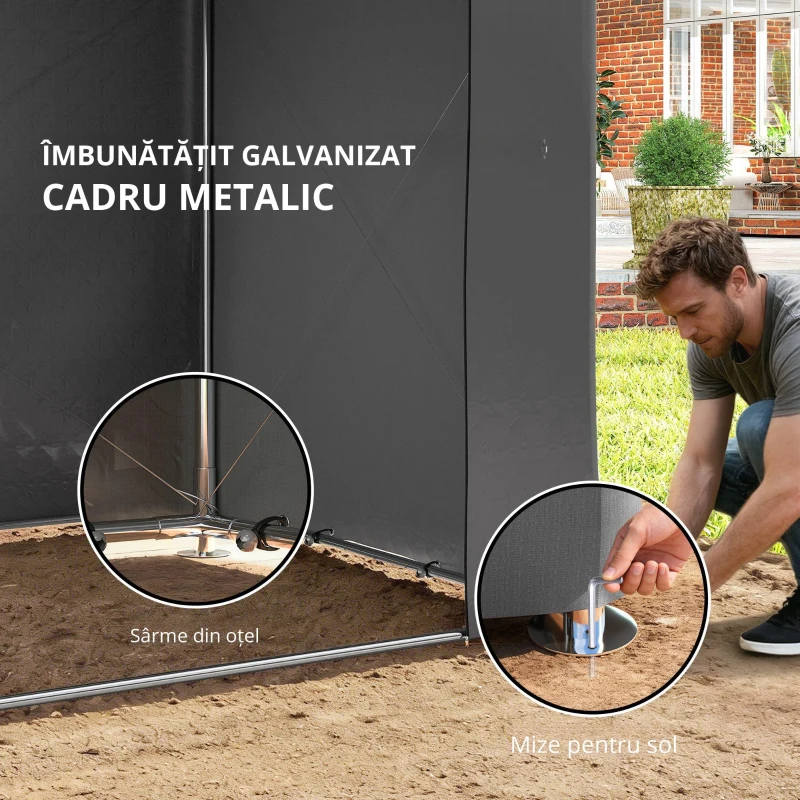 Outsunny Cort-garaj 2,5 x 1,8 m, rezistent la apă, cort-garaj cu ușă cu fermoar rulabil, ferestre de ventilație, gri închis