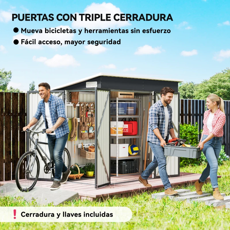 Outsunny Cobertizo de Jardín Exterior 2,7 m² 234x132x185 cm con Triple Puerta Cerradura y Ranuras de Ventilación Gris