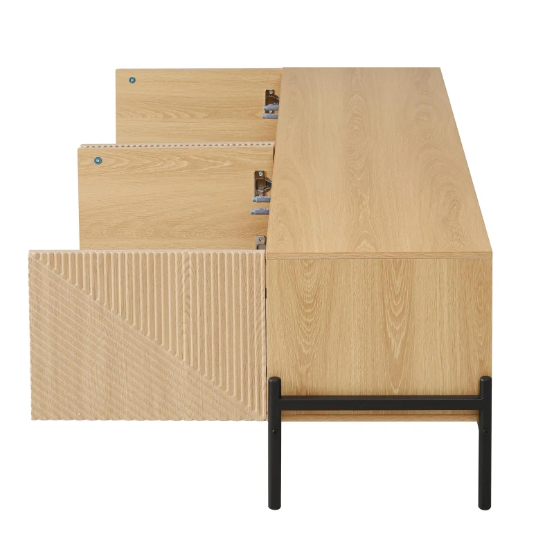 Meuble TV bas avec 4 portes à ouverture par pression, design géométrique, piètement en métal, 163,5x40x45 cm, Couleur naturelle
