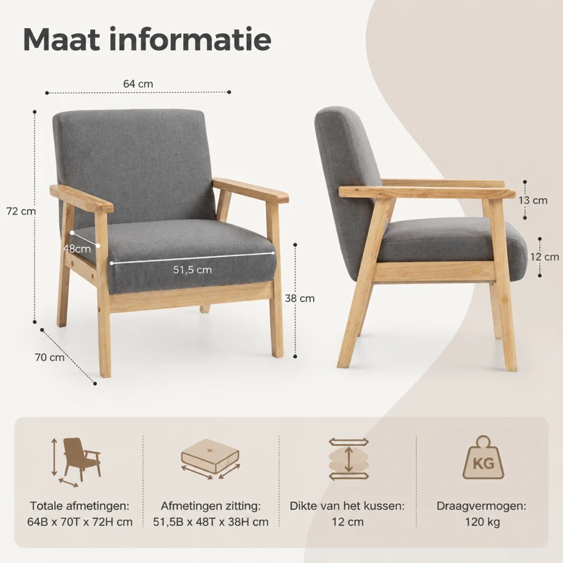 HOMCOM Fauteuil comfortabel groot formaat met kussens, 64B x 70T x 72H cm, Grijs(m-3)