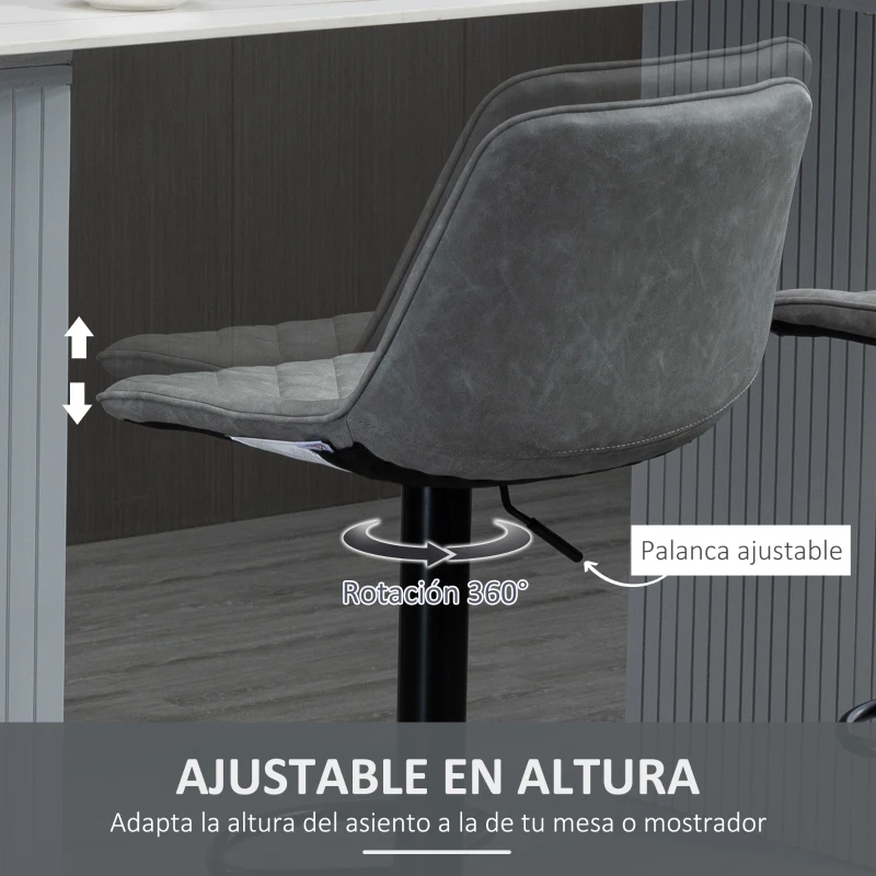 HOMCOM Juego de 2 Taburetes de Bar Giratorios Altura Ajustable 86-106 cm Tapizada en Cuero Sintético Respaldo y Reposapiés Gris