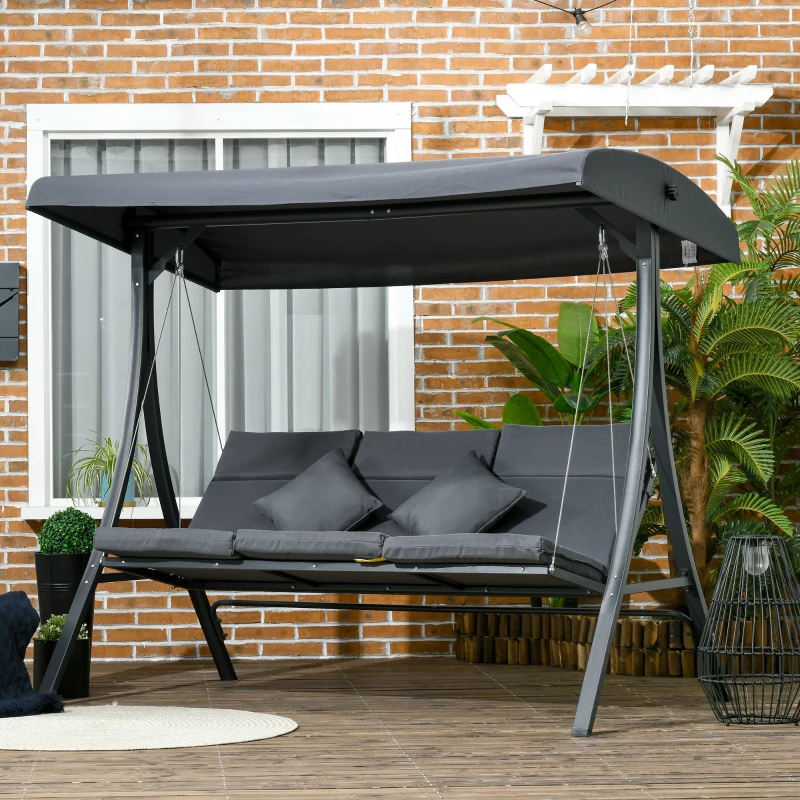Outsunny Dondolo da Giardino 3 Posti con Tettuccio Regolabile, in Acciaio e Poliestere, 202x115x168 cm, Grigio Scuro