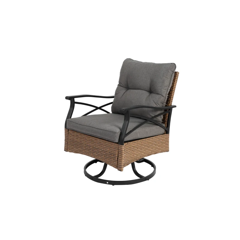 Ensemble de fauteuils à bascule pivotants d'extérieur, lot de 3 pièces avec 1 table et 2 fauteuils à bascule, rotation à 360° et fonction basculante, Marron+Gris