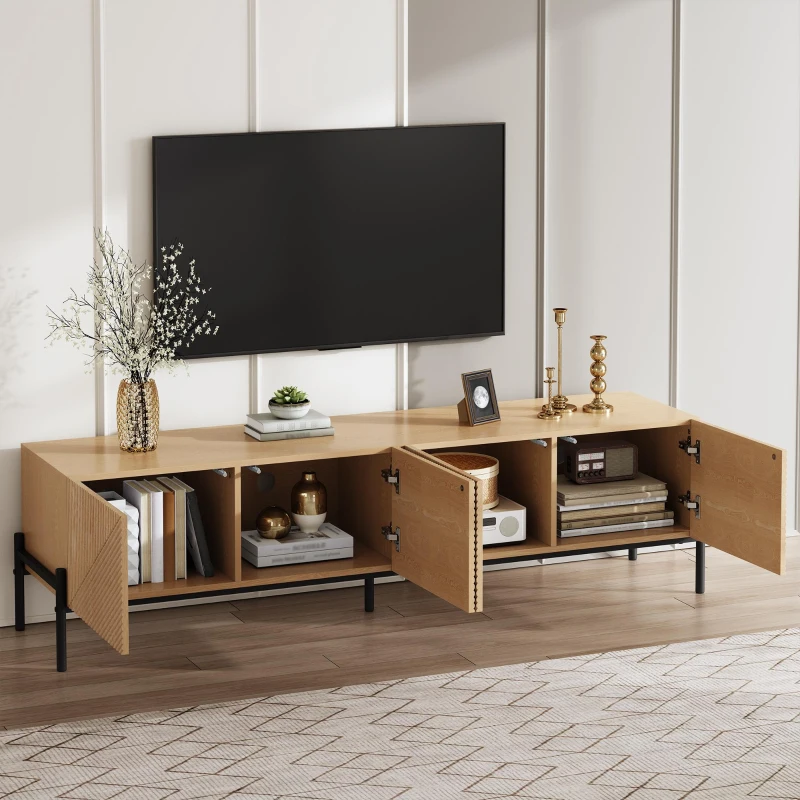 Meuble TV bas avec 4 portes à ouverture par pression, design géométrique, piètement en métal, 163,5x40x45 cm, Couleur naturelle