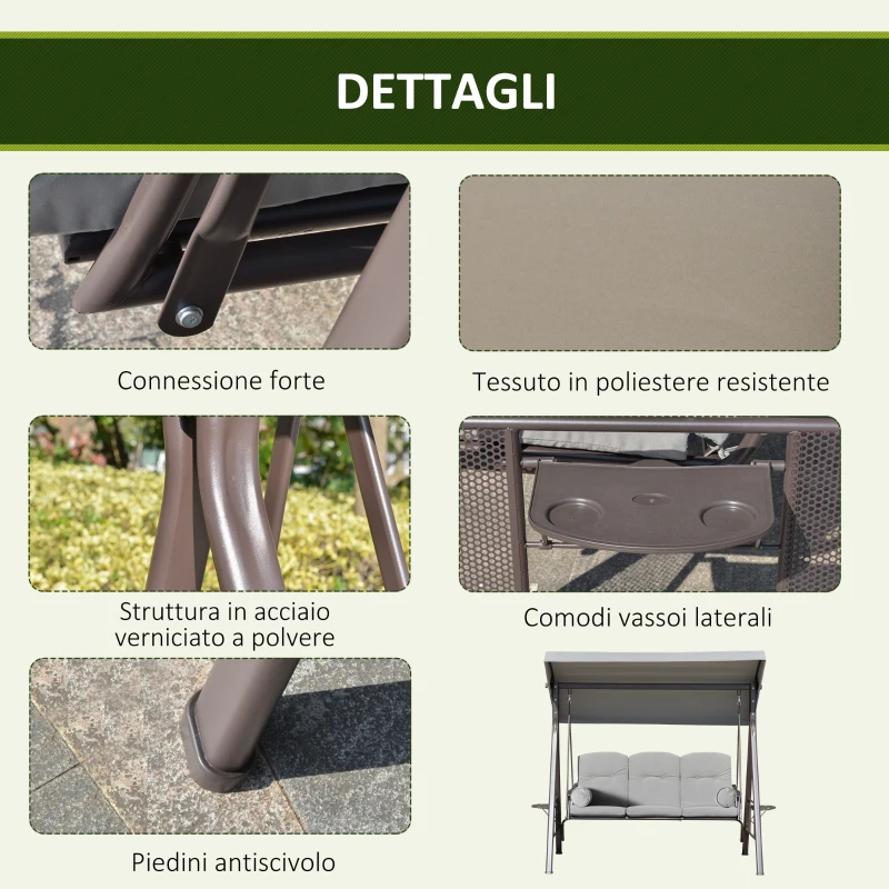 Outsunny Dondolo da Giardino 3 Posti con Tetto Regolabile, Portabicchieri e Cuscini, 208x121x172 cm, Grigio Chiaro