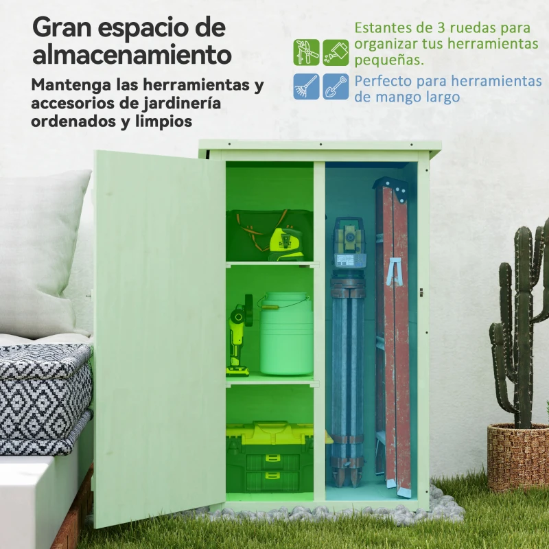 Outsunny Armario de Jardín de Madera para Exterior para Herramientas con 2 Estantes y Techo Asfáltico 75x56x115 cm Verde