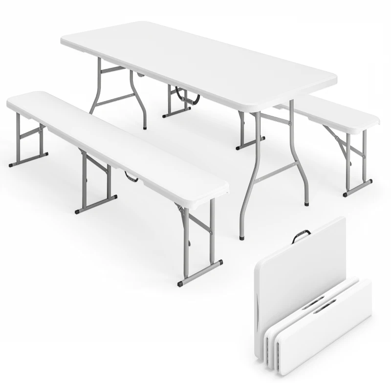 Outsunny Conjunto de Camping Plegable de Mesa y Bancos Asas para Exterior 180x74x74 cm y 182x28x42 cm Blanco