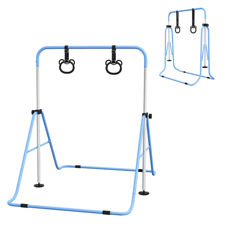 HOMCOM Barra de Gimnasia para Niños con Altura Ajustable en 5 Niveles y Anillos Entrenamiento de Gimnasia Plegable en Casa Azul