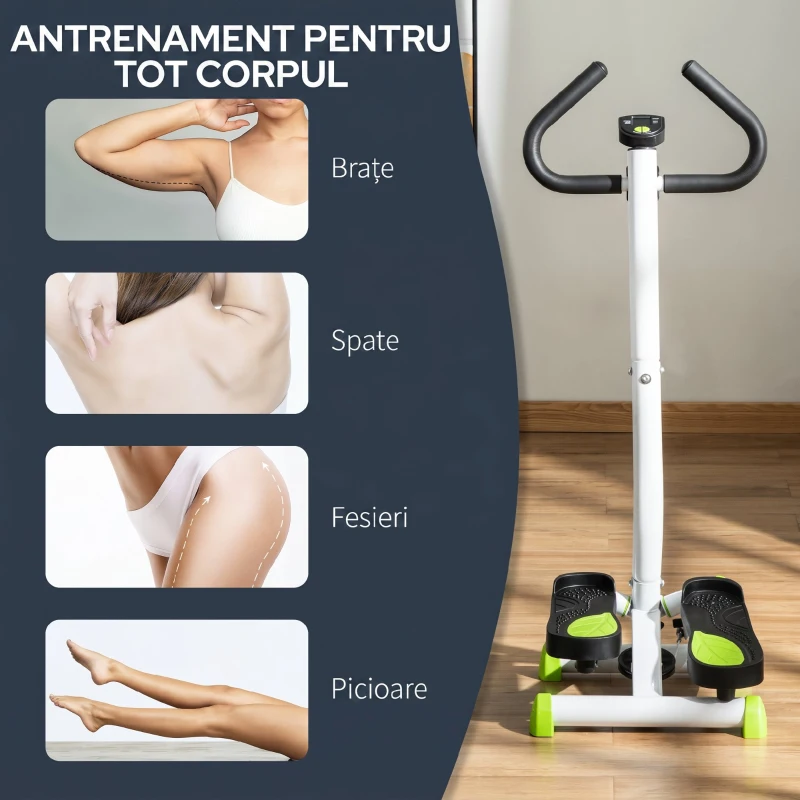 HOMCOM Stepper cu Ghidon, Pedale Antiderapante și Monitor LCD, din Oțel și ABS, 55x44x108 cm, Alb, Negru și Verde