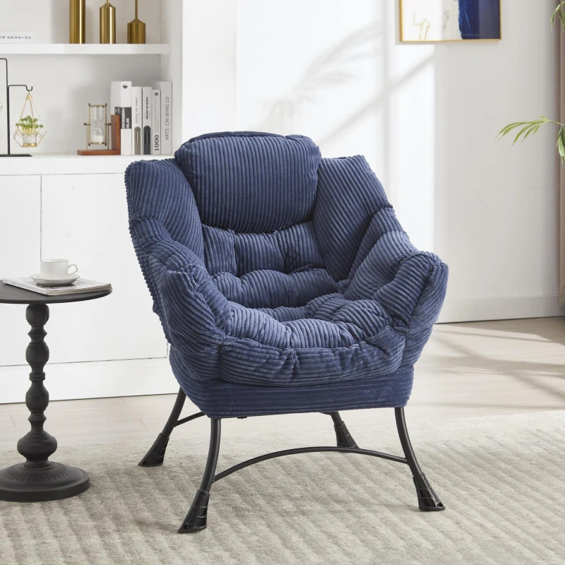Fauteuil lounge avec pouf, accoudoirs et une poche latérale, revêtement en flanelle, 69,9x64,0x95,0 cm, Bleu marine