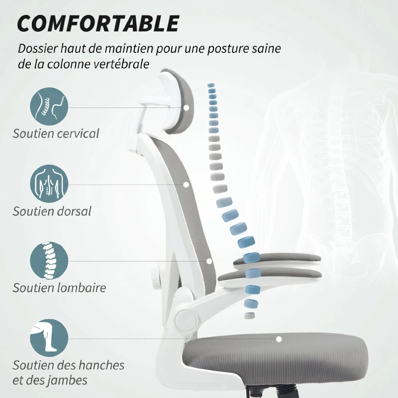 HOMCOM Chaise de Bureau Ergonomique, Fauteuil de Bureau en Maille avec Appui-Tête et Soutien Lombaire Réglables, Gris