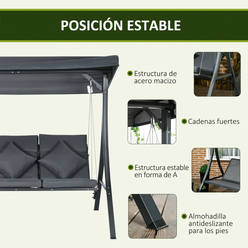 Outsunny Balancín de Jardín Exterior Columpio de 3 Plazas con Toldo Ajustable y Marco de Acero 202x115x168 cm Gris Oscuro
