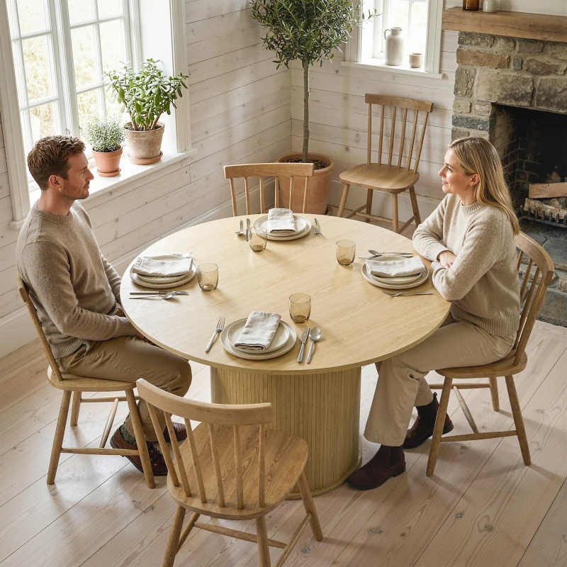 HOMCOM Table à manger ronde pour 4-6 personnes, Ø 120 x 75 cm, table de cuisine avec base cylindrique cannelée, bois naturel