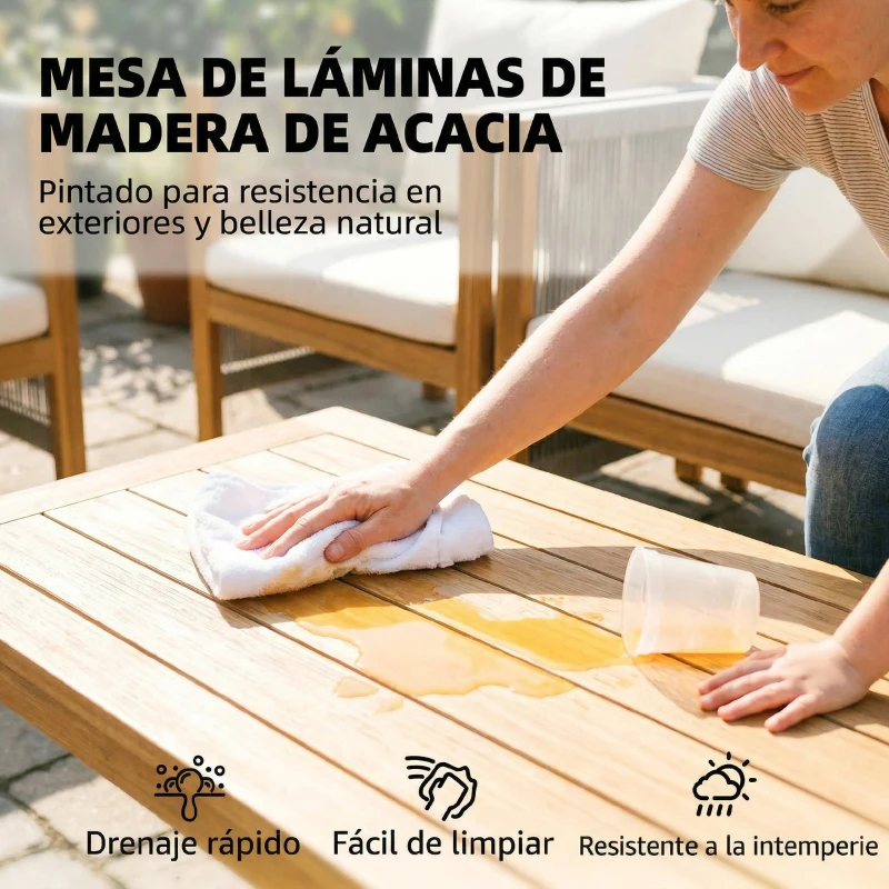 Outsunny Conjunto de Muebles de Jardín de 4 Piezas con Sofá 2 Plazas 2 Sillones Mesa de Madera Cojines y Cuerda PP Beige
