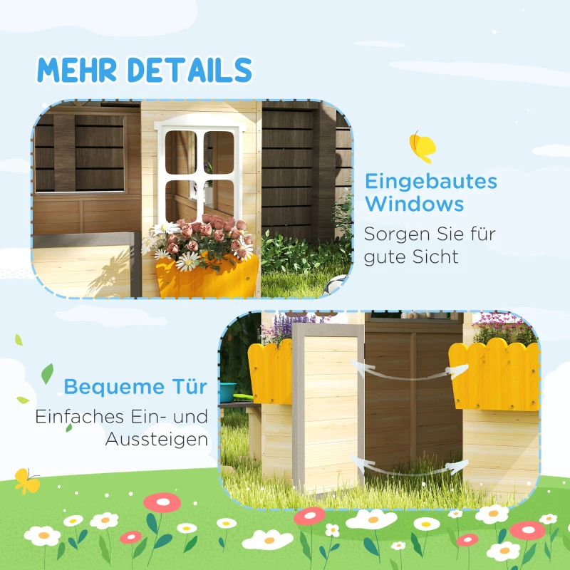 Outsunny speelhuis voor kinderen, houten kinderspeelhuis met raam, brievenbus, buitentuin speelhuis met bloempottenrek, houten speelhuis voor 3-7 jaar, dennenhout, naturel, 113 x 94 x 134,5 cm