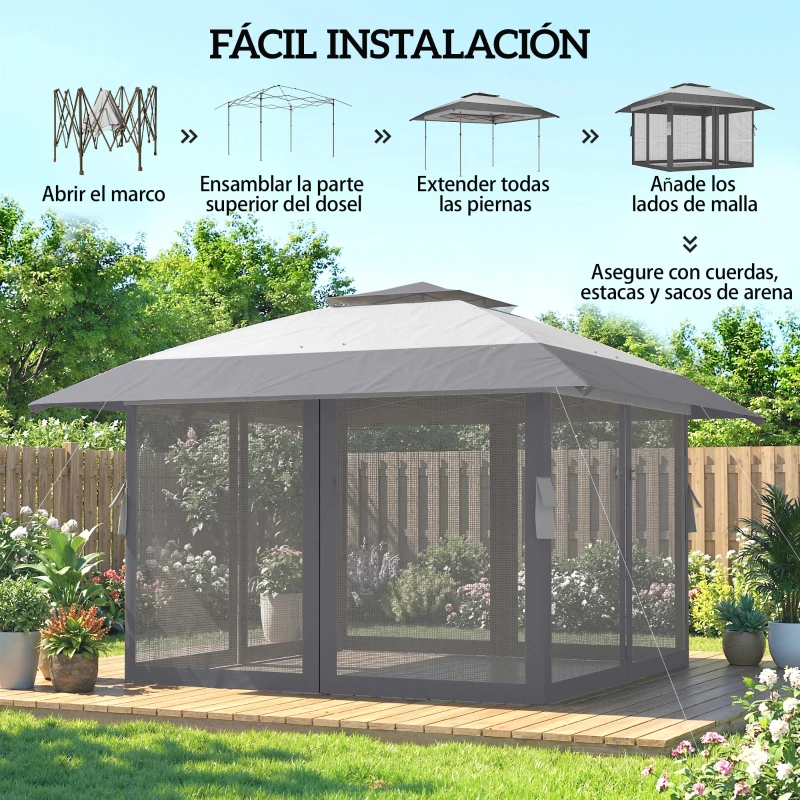 Outsunny Carpa Plegable 4x4 m Pop-up con Doble Techo 4 Laterales de Malla Altura Ajustable Bolsa Transporte UPF30+ Gris