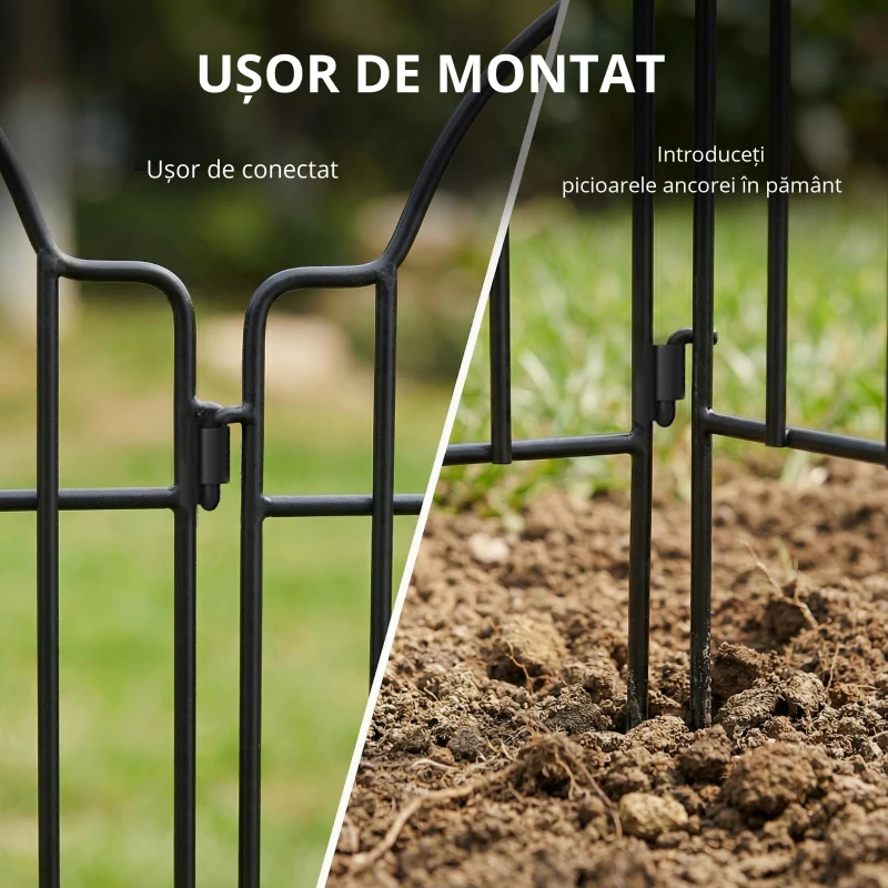 Outsunny Set cu 4 garduri metalice de grădină 125x57 cm cu design arcuit, rezistente, ușor de montat pentru patio, gazon, negru