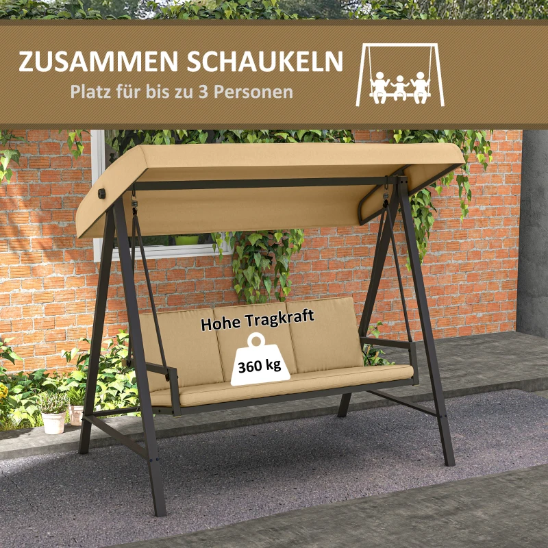Outsunny 3-Sitzer Hollywoodschaukel, Gartenschaukel, verstellbares Sonnendach, 200 cm x 125 cm x 175 cm, Beige + Braun