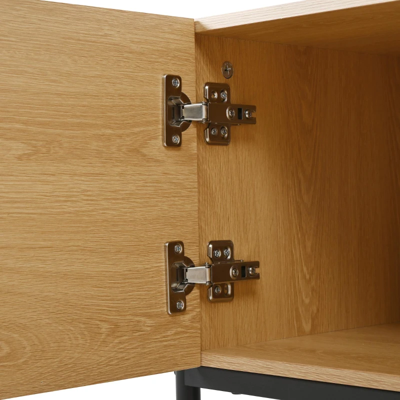 Meuble TV bas avec 4 portes à ouverture par pression, design géométrique, piètement en métal, 163,5x40x45 cm, Couleur naturelle