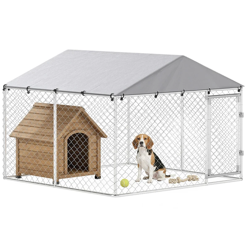 PawHut Recinto per Cani da Esterno in Acciaio Zincata con Tetto in PE, Anti-UV, Impermeabile, Doppia Chiusura, Argento