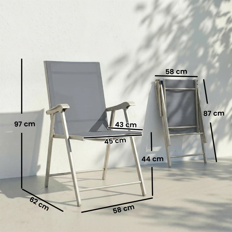 Outsunny Conjunto de 4 Sillas de Jardín Exterior Plegables con Respaldo Alto y Reposabrazos para Terraza Playa 58x62x97 cm Gris