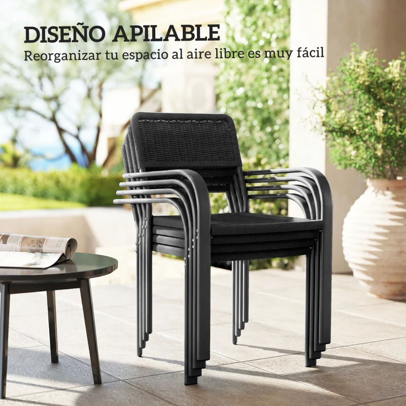 Outsunny Juego de 4 Sillas de Jardín Exterior Apilables con Reposabrazos Respaldo y Marco de Acero 55x60x83 cm Negro