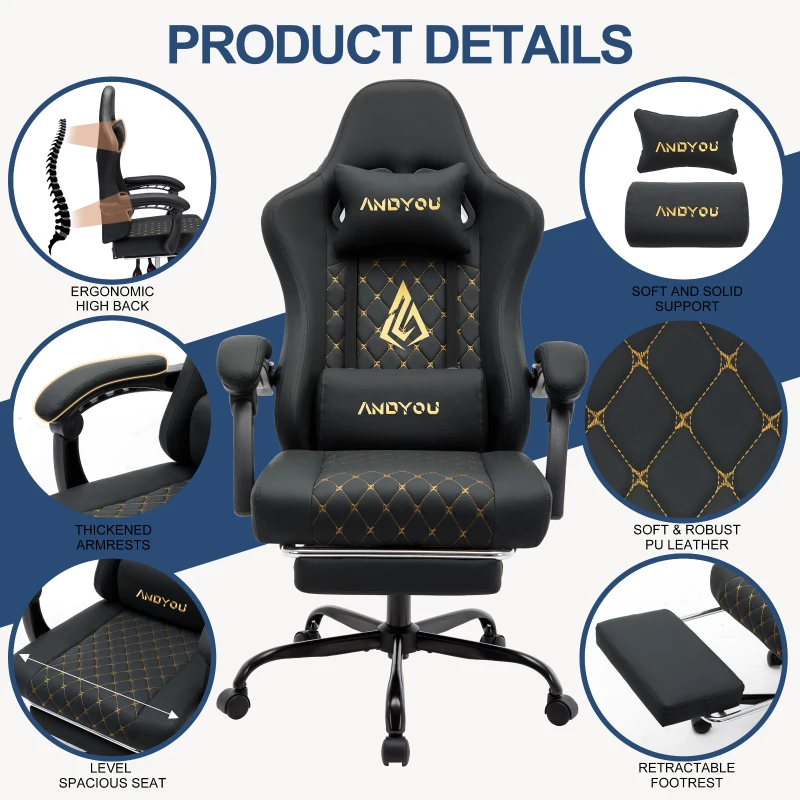 ANDYOU Ergonomischer Gaming-Stuhl aus PU-Leder im Racing-Stil – bequem und verstellbar, Schwarz