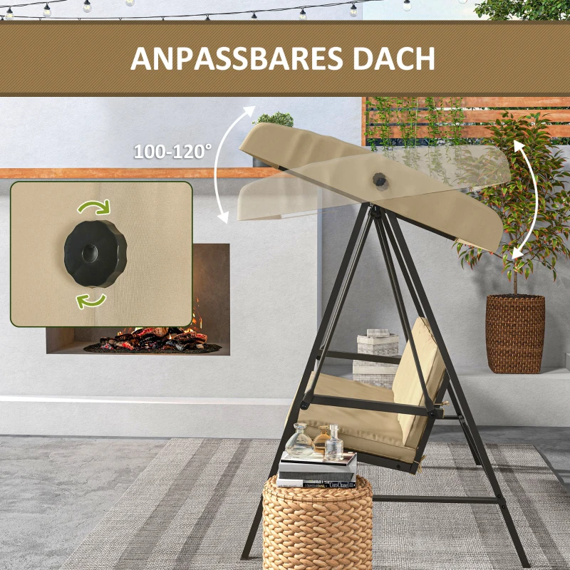 Outsunny 3-Sitzer Hollywoodschaukel, Gartenschaukel, verstellbares Sonnendach, 200 cm x 125 cm x 175 cm, Beige + Braun