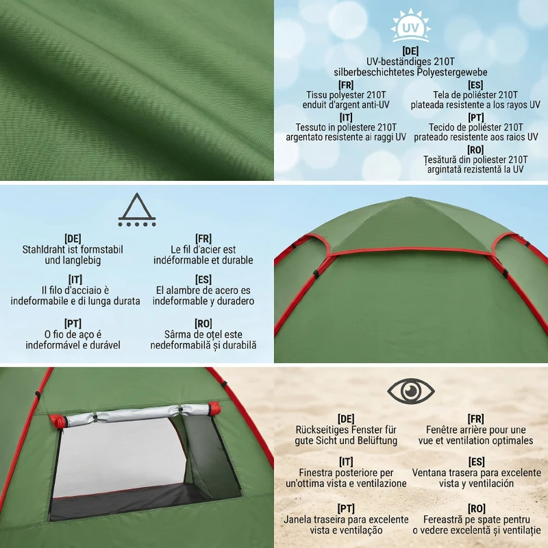 Cort de Plajă Outsunny Pop Up cu Protecție UV 30+ și Geantă de Transport, 200x150x119 cm, Verde